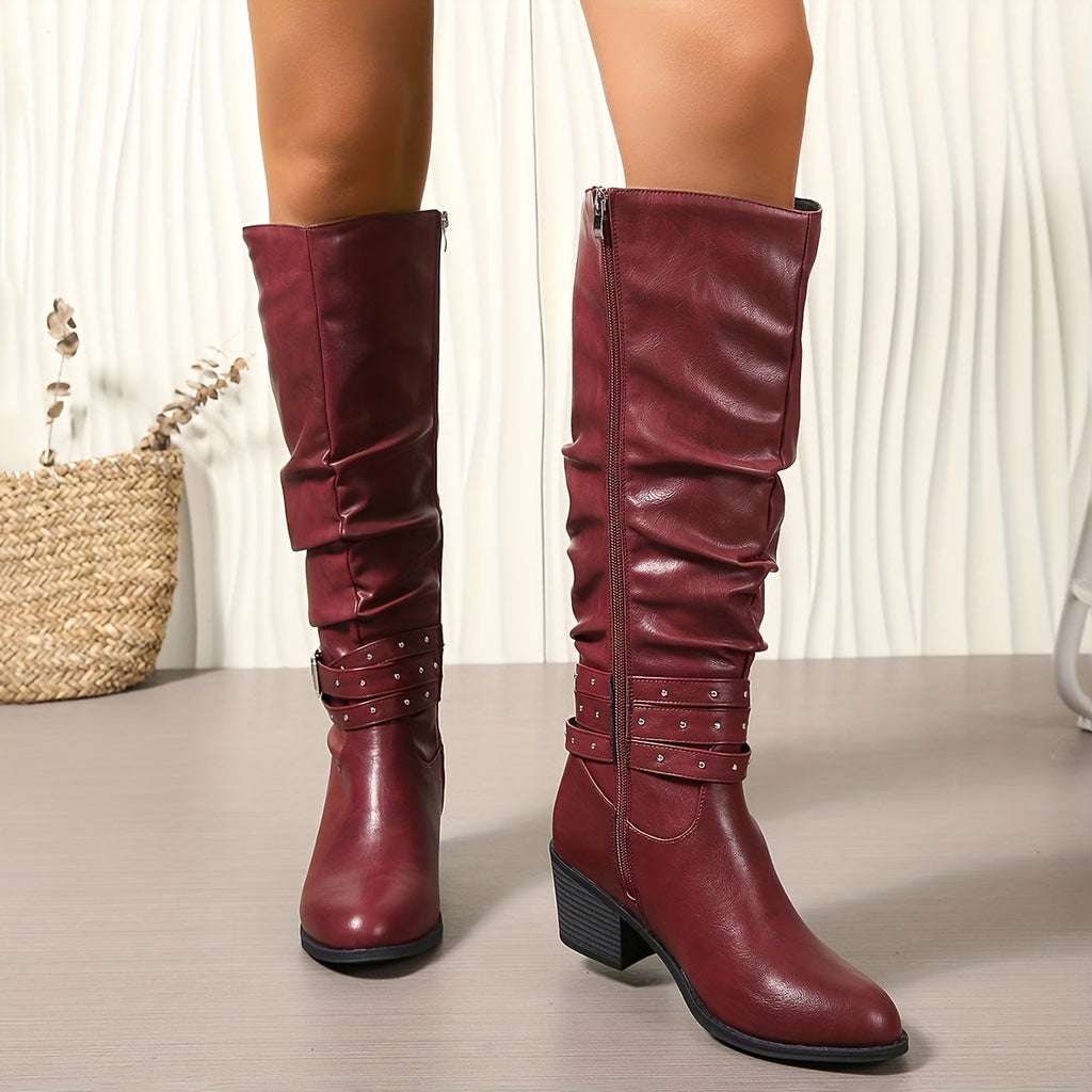 Women's Slouch Knee High Boots with Buckle Strap, Gathered Shaft Rounded Toe Boots