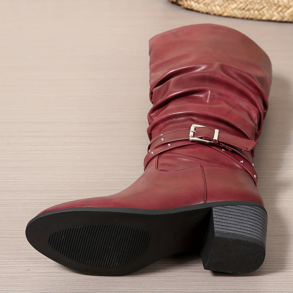 Women's Slouch Knee High Boots with Buckle Strap, Gathered Shaft Rounded Toe Boots