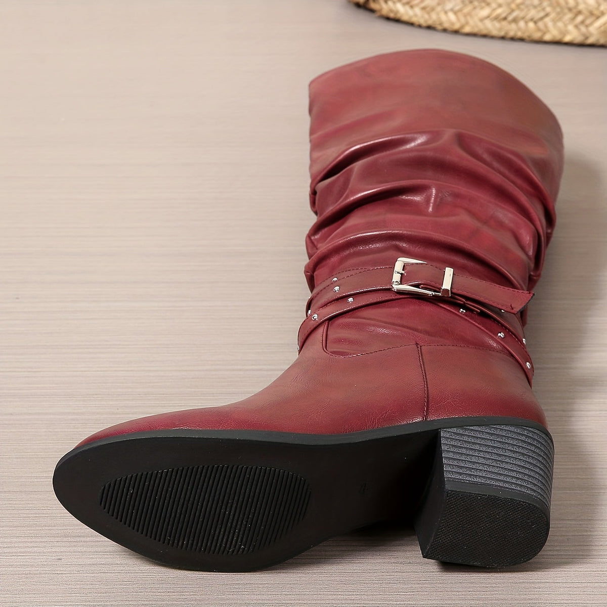 Women's Slouch Knee High Boots with Buckle Strap, Gathered Shaft Rounded Toe Boots