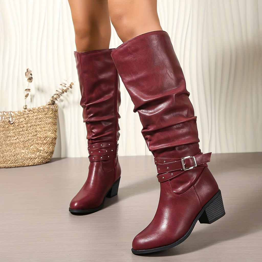Women's Slouch Knee High Boots with Buckle Strap, Gathered Shaft Rounded Toe Boots