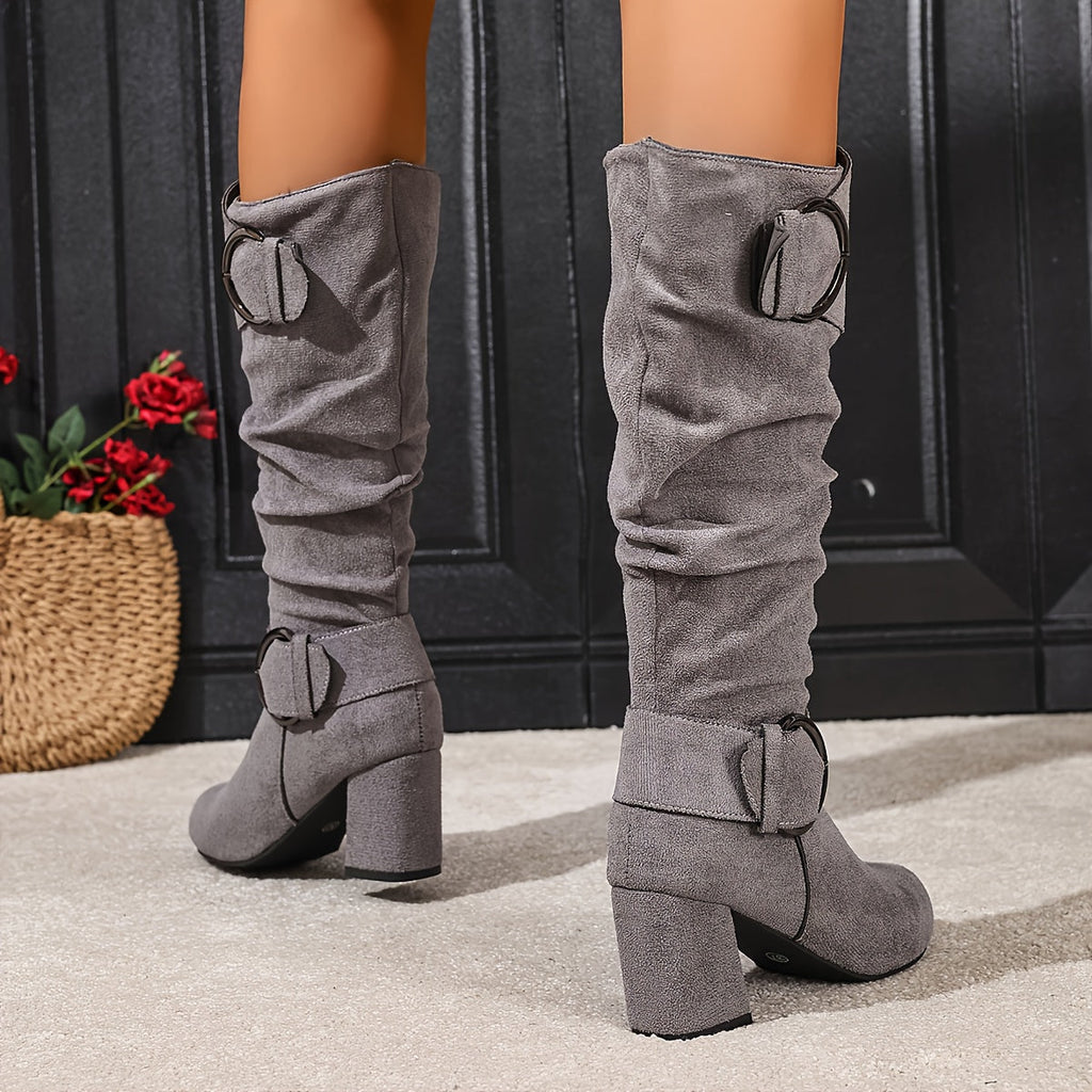 Women's Knee-High Slouch Boots with Double Buckle Straps, Side Zip Block Heel