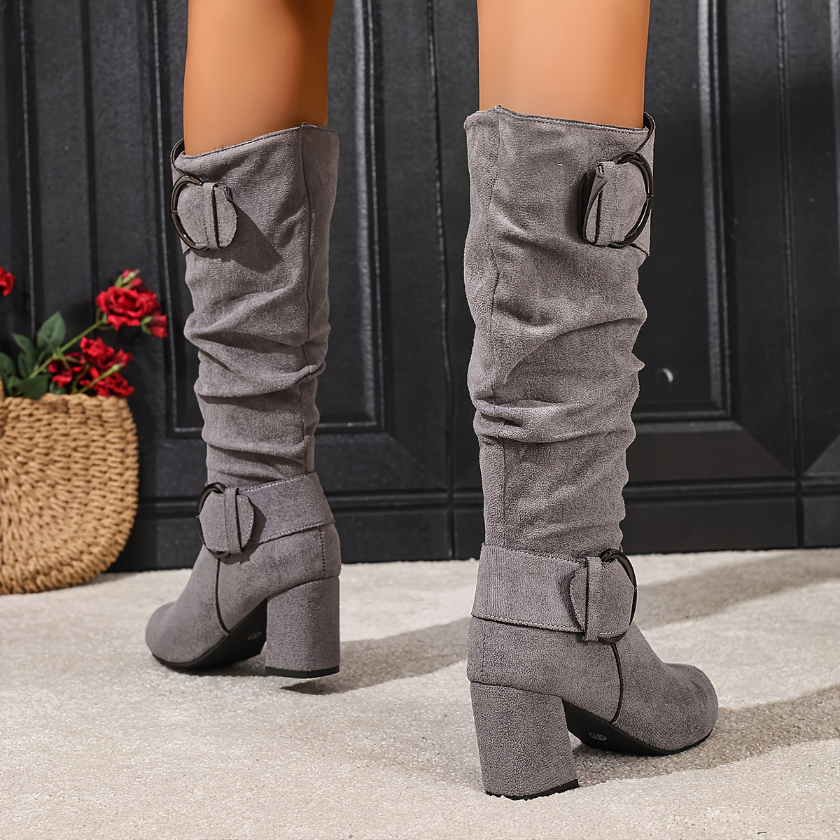 Women's Knee-High Slouch Boots with Double Buckle Straps, Side Zip Block Heel