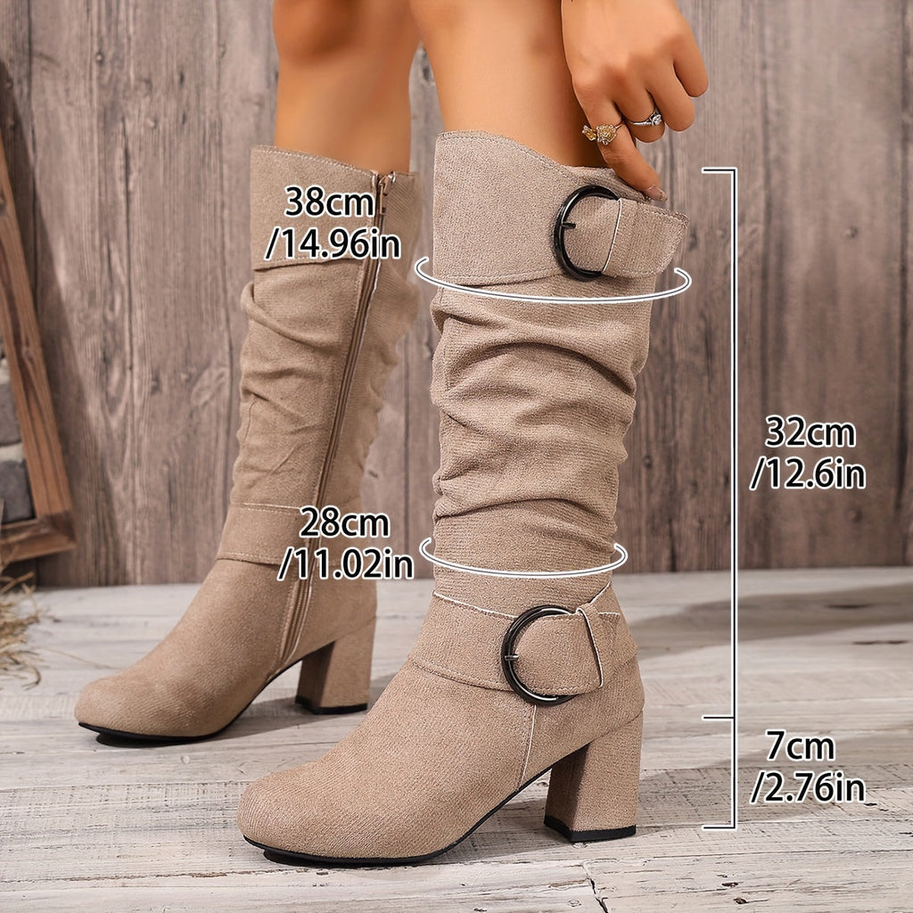 Women's Knee-High Slouch Boots with Double Buckle Straps, Side Zip Block Heel