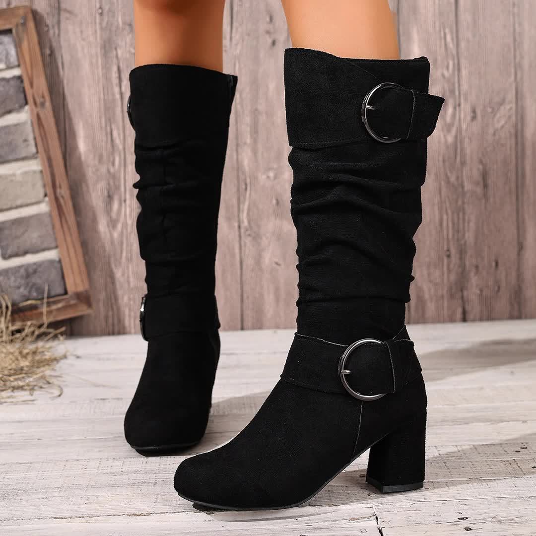 Women's Knee-High Slouch Boots with Double Buckle Straps, Side Zip Block Heel