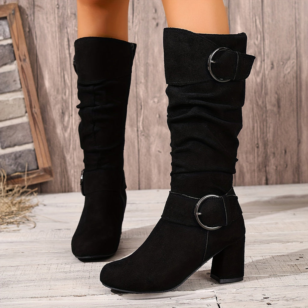 Women's Knee-High Slouch Boots with Double Buckle Straps, Side Zip Block Heel