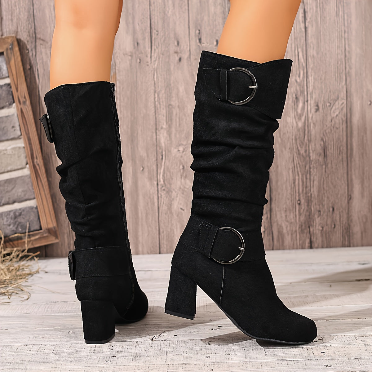 Women's Knee-High Slouch Boots with Double Buckle Straps, Side Zip Block Heel