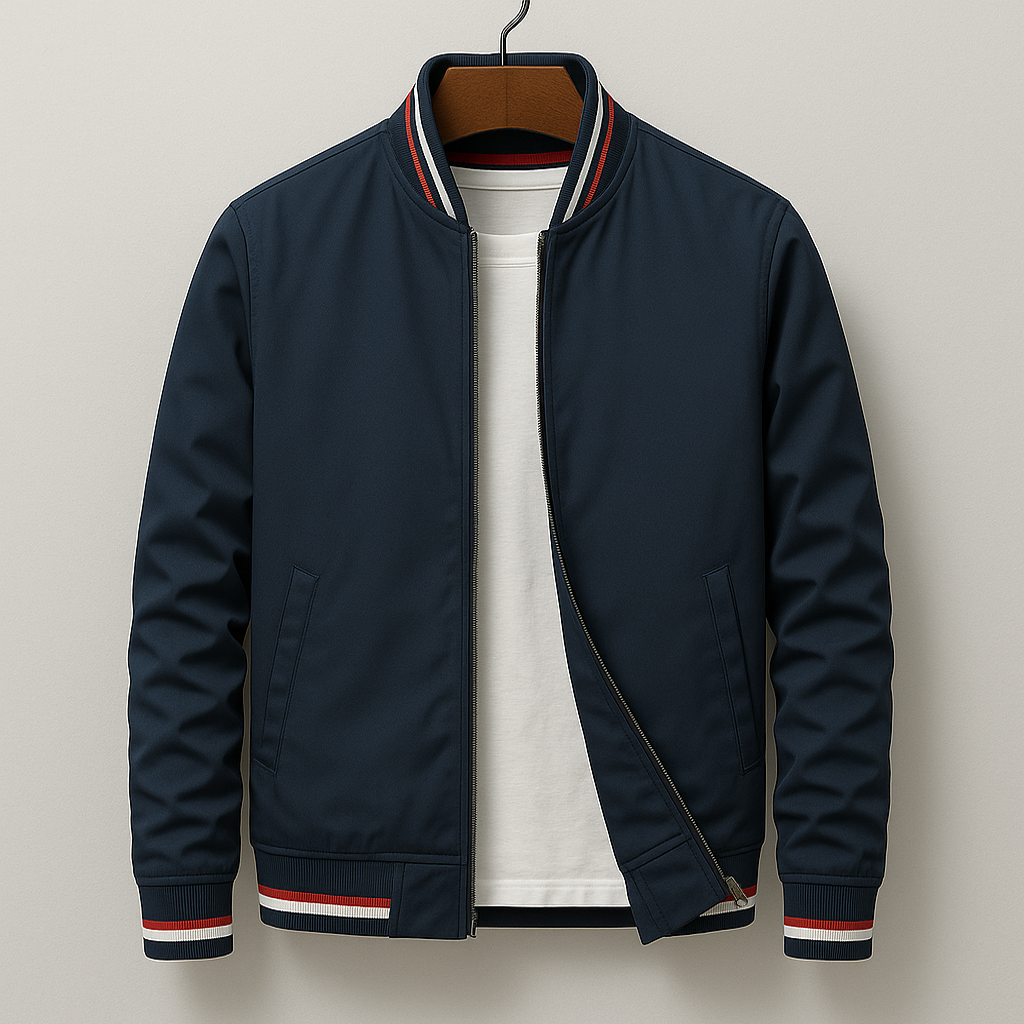 Men's Bomber Jacket Navy with Striped Ribbed Trim
