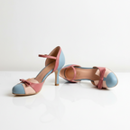 Women’s Two-Tone Bow Heel Sandals – Elegant Ankle Strap Mid Heel Pumps
