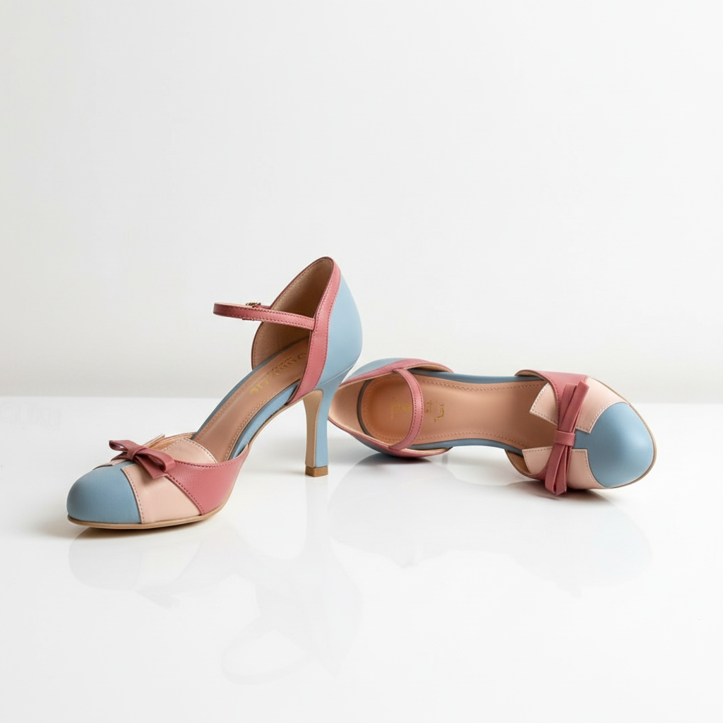 Women’s Two-Tone Bow Heel Sandals – Elegant Ankle Strap Mid Heel Pumps