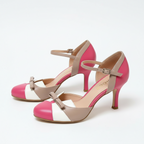 Women’s Two-Tone Bow Heel Sandals – Elegant Ankle Strap Mid Heel Pumps