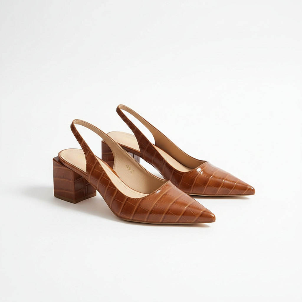 Women’s Croc-Embossed Block Heel Pumps – Pointed Toe Slingback Style