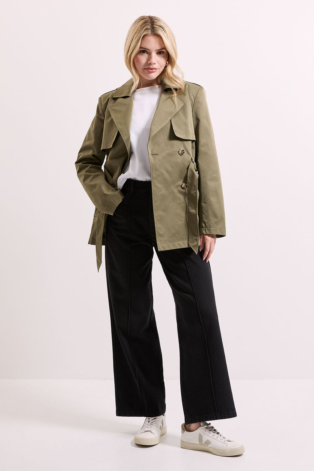 Women's Short Trench Coat, Double Breasted Belted Cropped Trench Coat – Khaki