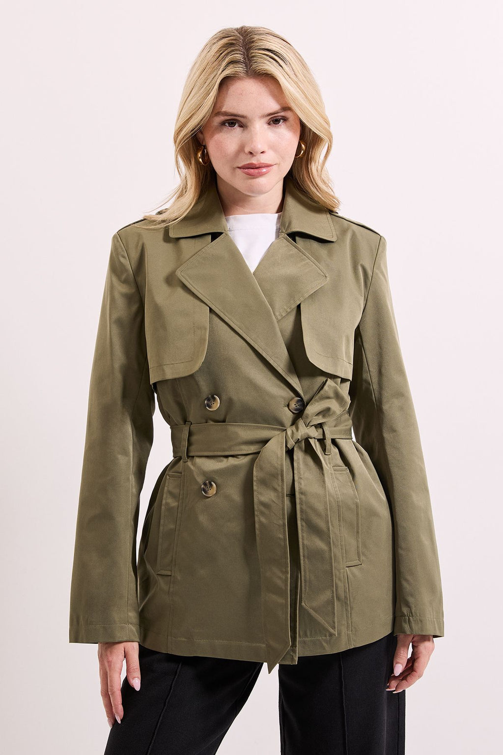 Women's Short Trench Coat, Double Breasted Belted Cropped Trench Coat – Khaki