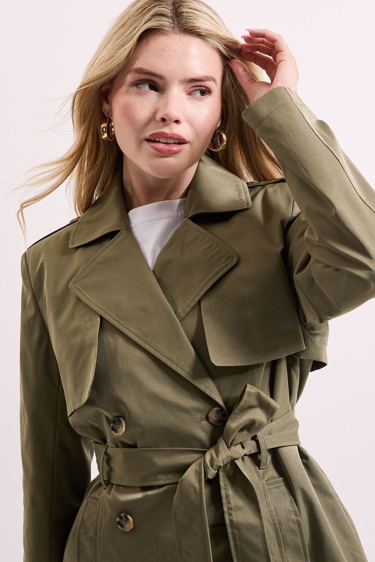 Women's Short Trench Coat, Double Breasted Belted Cropped Trench Coat – Khaki