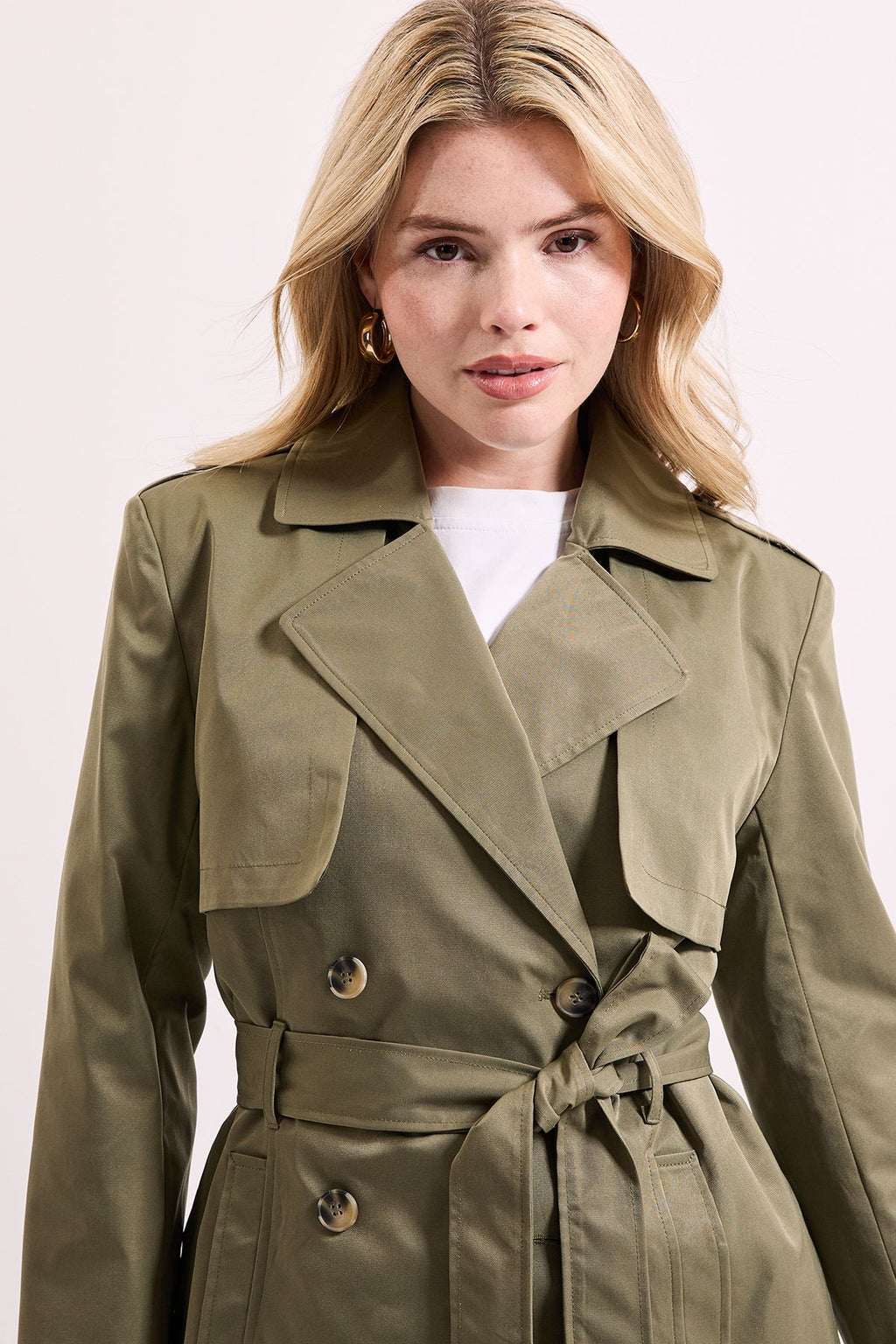 Women's Short Trench Coat, Double Breasted Belted Cropped Trench Coat – Khaki