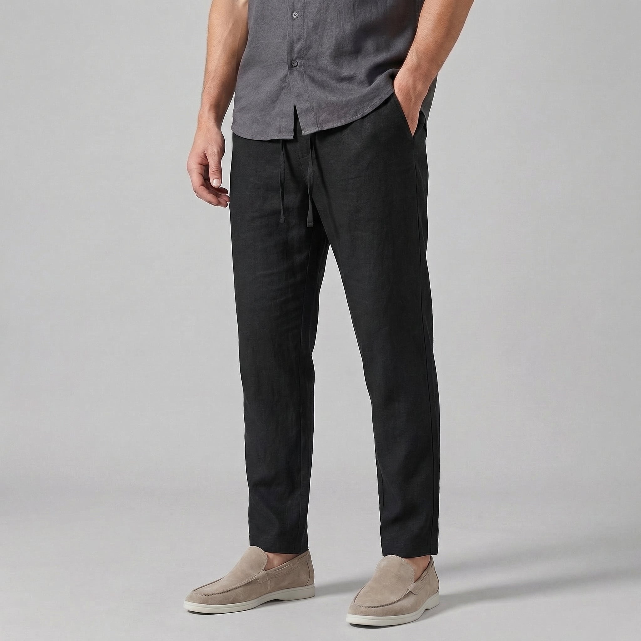 Men's Linen Trousers, Wide Leg Drawstring Trousers – Casual Summer