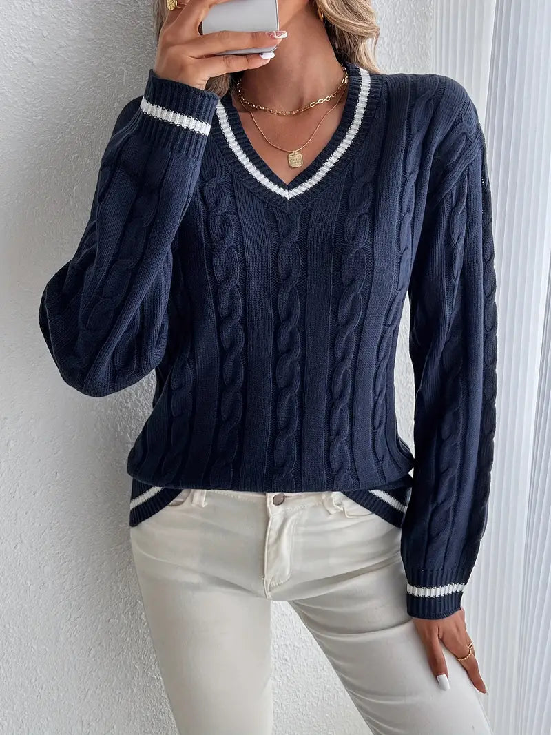 Women's V-Neck Cable Knit Jumper, Navy Striped Long Sleeve Sweater