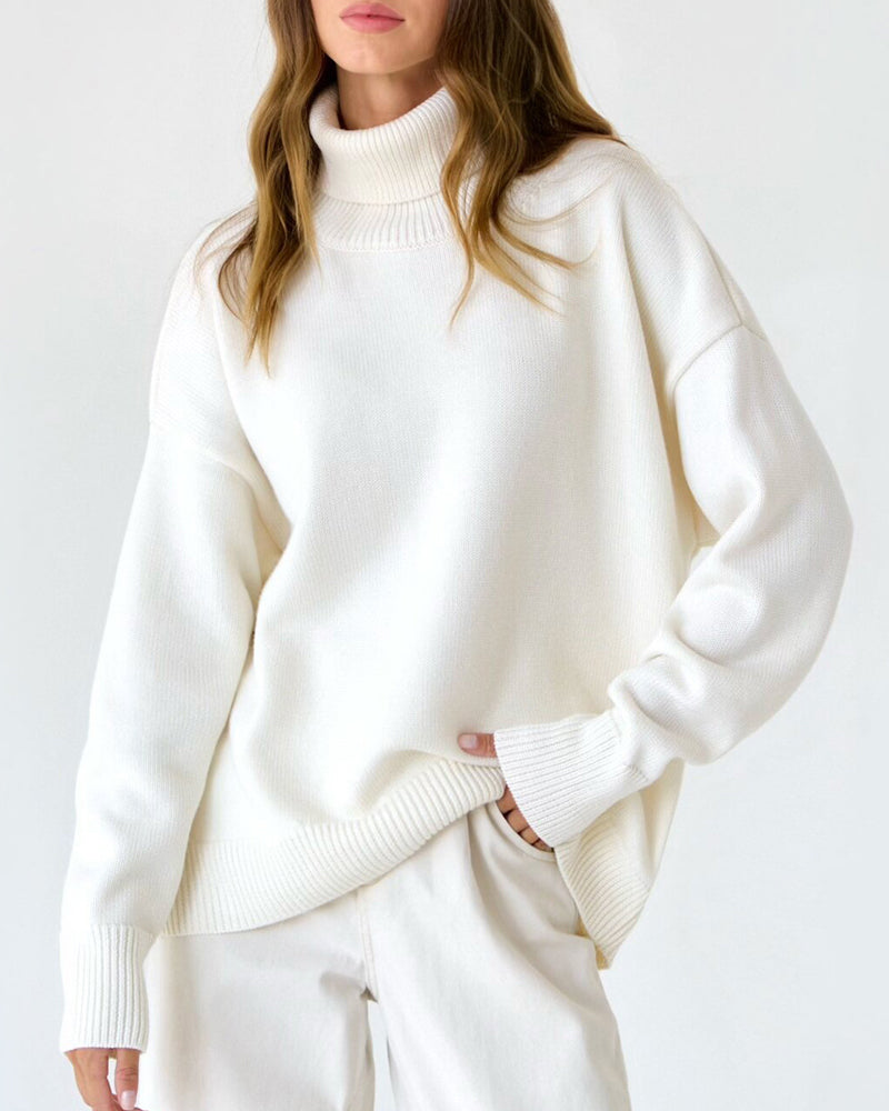 Women's Oversized Roll Neck Jumper, Knit Turtleneck Sweater – Drop Shoulder