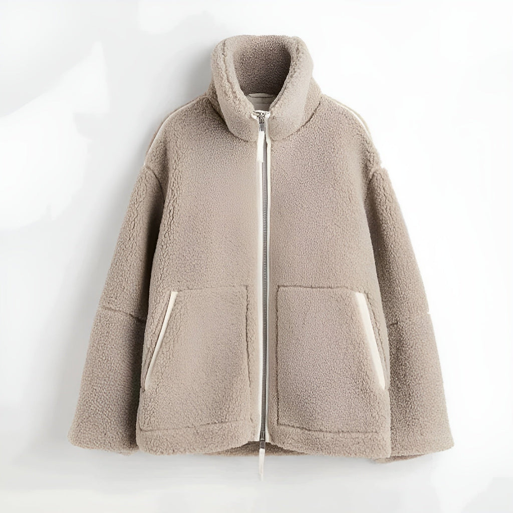 Women's Sherpa Teddy Fleece Jacket, High Stand-Up Collar with Zip Pockets and Ribbed Cuffs