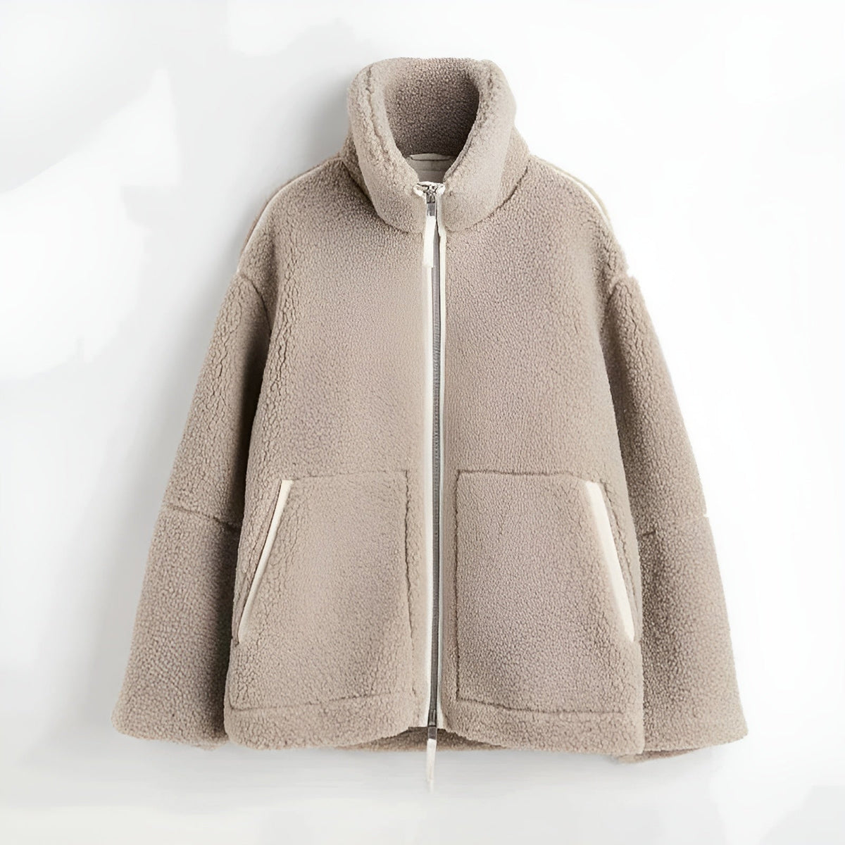 Women's Sherpa Teddy Fleece Jacket, High Stand-Up Collar with Zip Pockets and Ribbed Cuffs