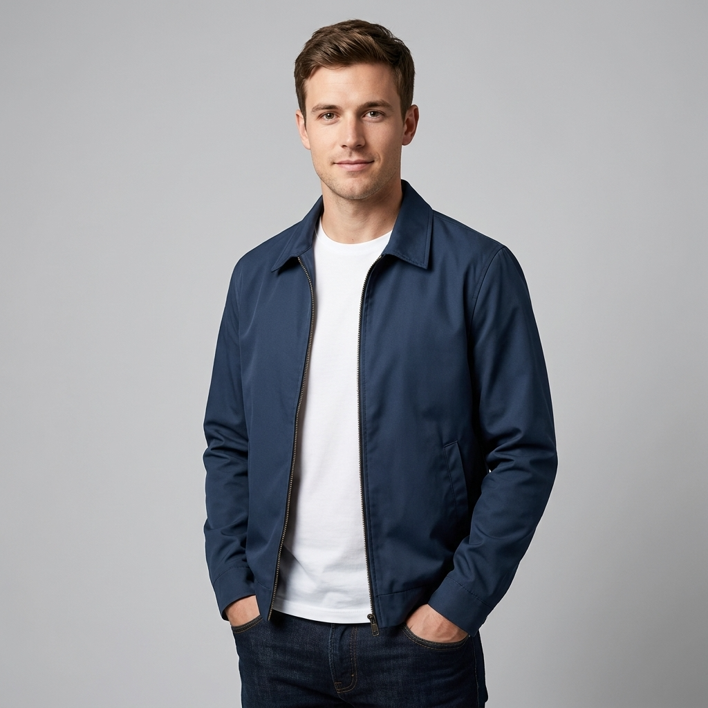 Men's Harrington Jacket Black - Zip-Up Cotton Blend Coat with Checked Lining