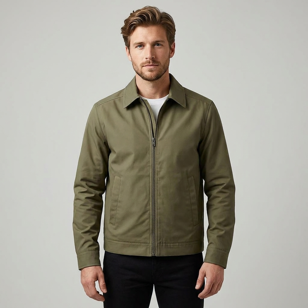 Men's Harrington Jacket Black - Zip-Up Cotton Blend Coat with Checked Lining