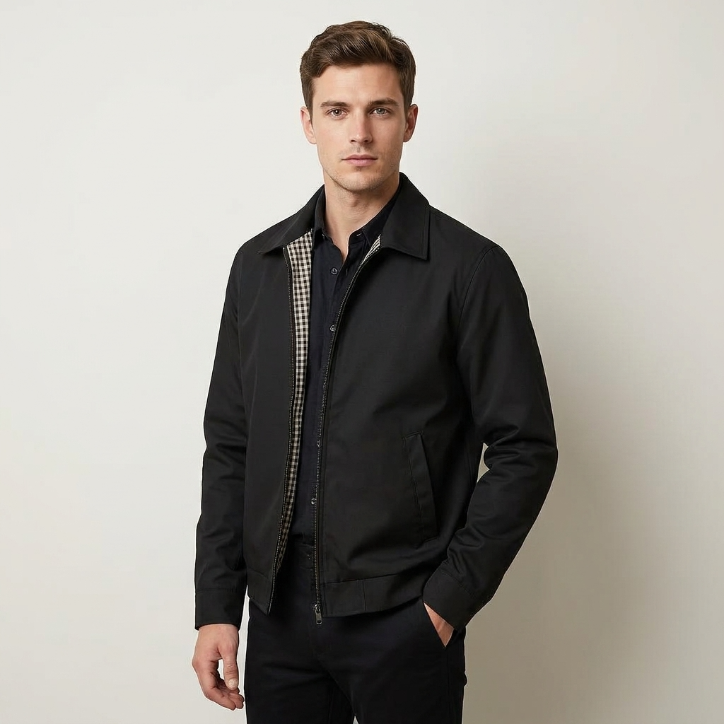 Men's Harrington Jacket Black - Zip-Up Cotton Blend Coat with Checked Lining