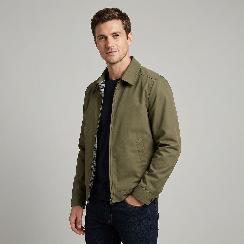 Men's Harrington Jacket Black - Zip-Up Cotton Blend Coat with Checked Lining