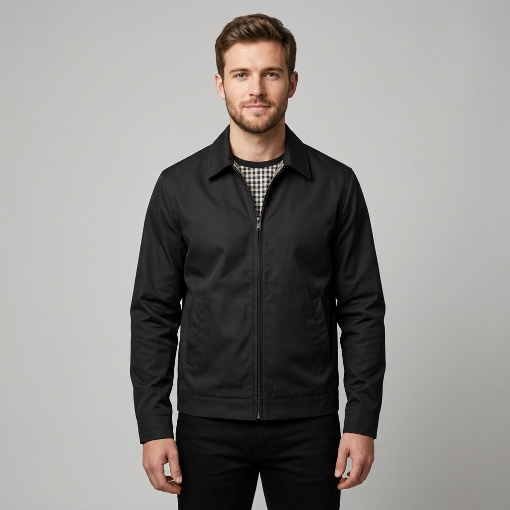 Men's Harrington Jacket Black - Zip-Up Cotton Blend Coat with Checked Lining