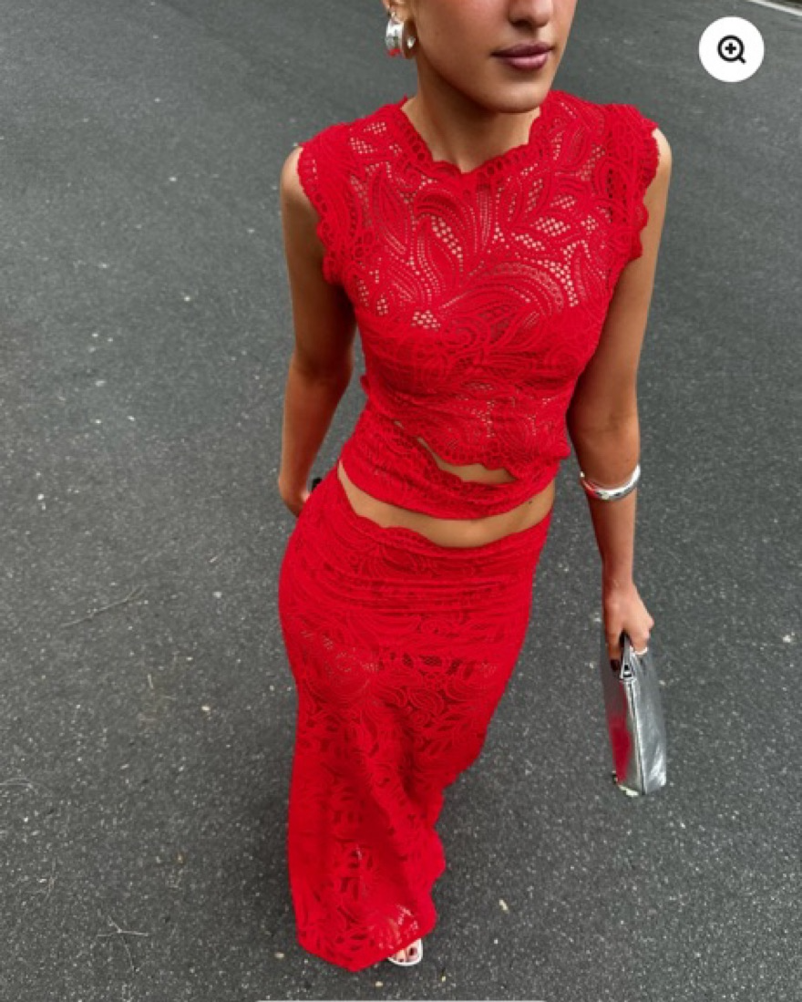 Women's Lace Two Piece Set, Sleeveless Crop Top & Maxi Skirt Co-ord – Red