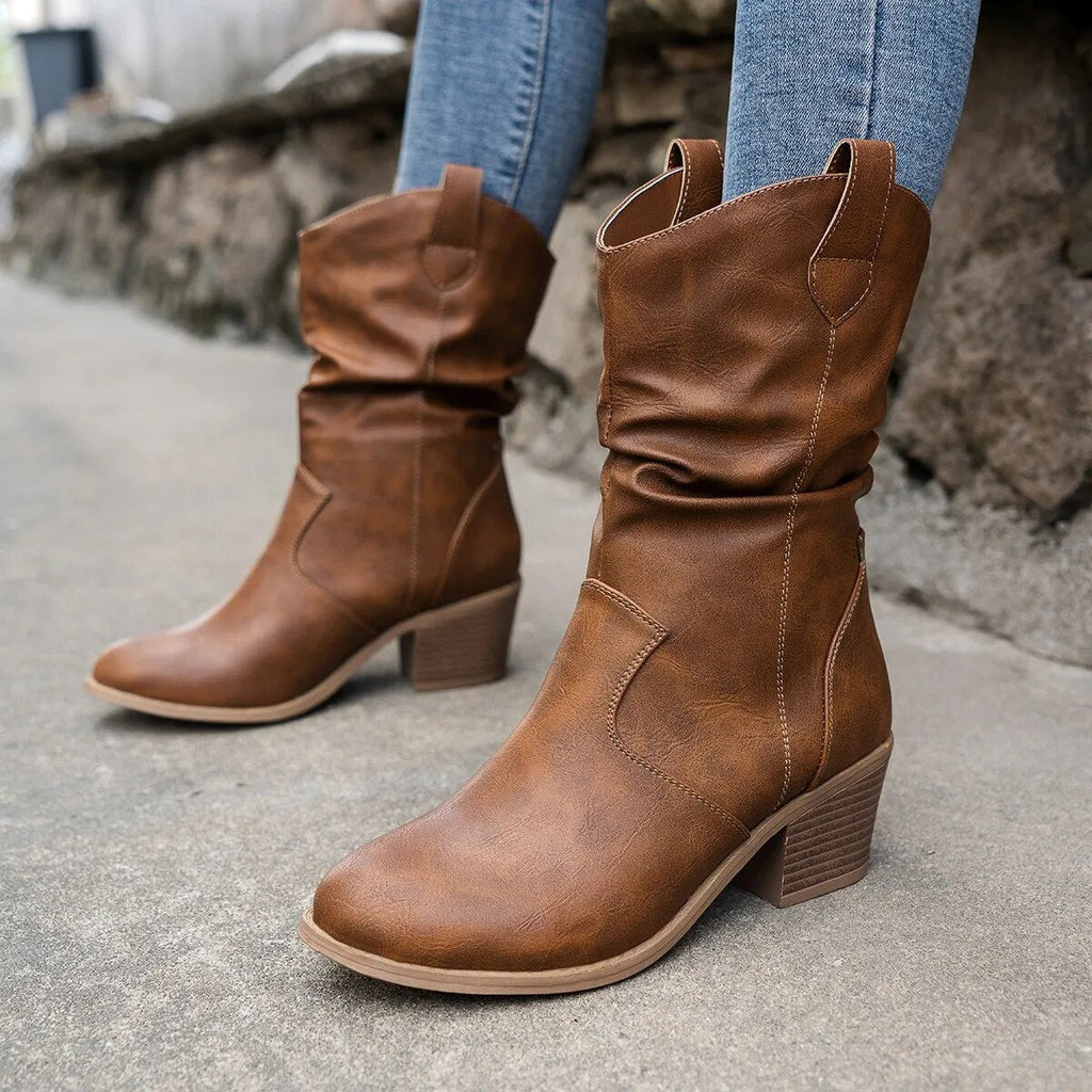 Women’s Cowboy Leather Boots - Thick Sole Western Style Ankle Boots