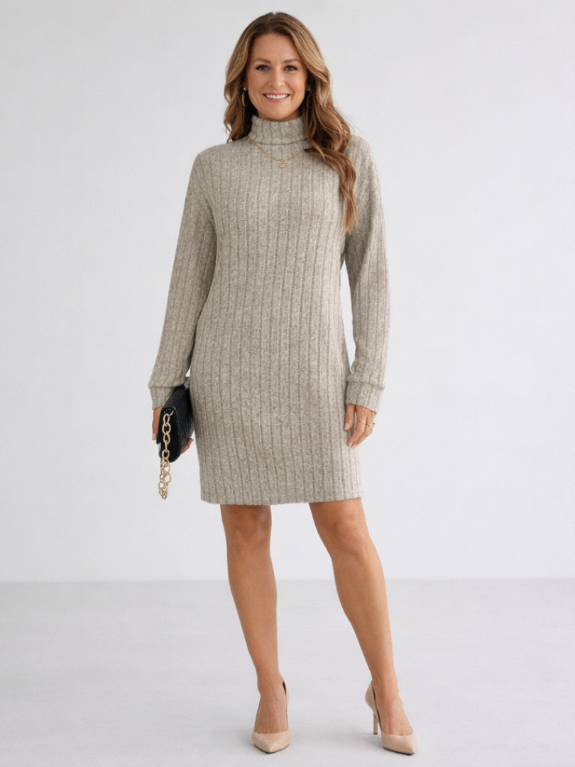 Women's Relaxed Ribbed Turtleneck Knit Dress, Long Sleeve Above-Knee Jumper Dress