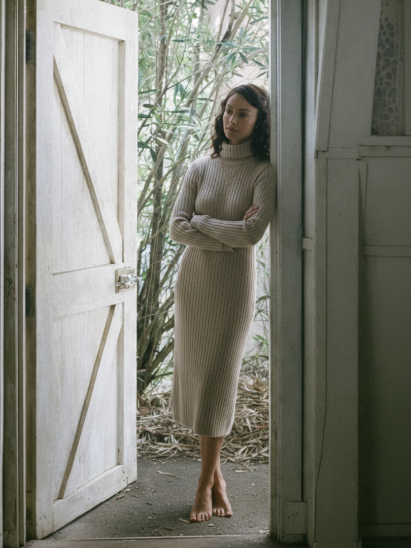 Women's Relaxed Ribbed Turtleneck Knit Dress, Long Sleeve Above-Knee Jumper Dress