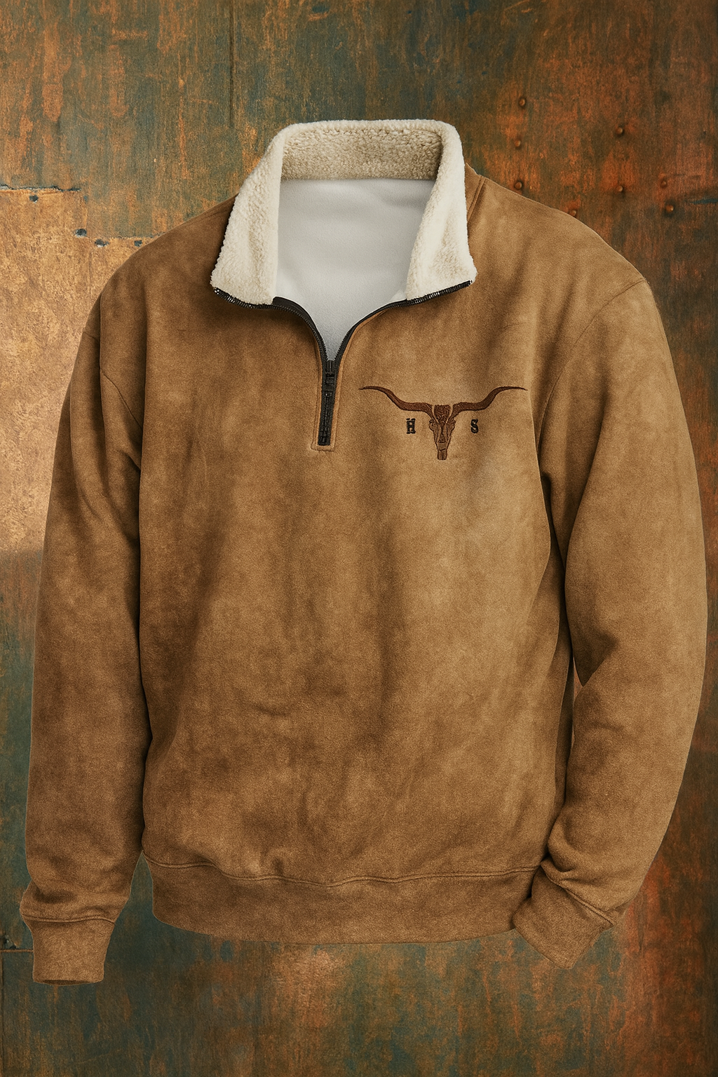 Men's Quarter-Zip Fleece Pullover with Western Aztec Print Sleeves - Khaki