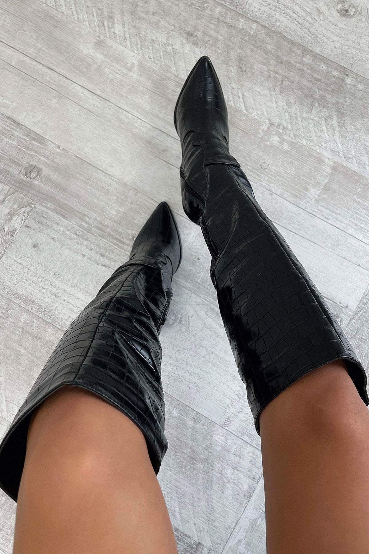 Women's Croc-Embossed Knee High Boots, Pointed Toe Block Heel Statement Boots