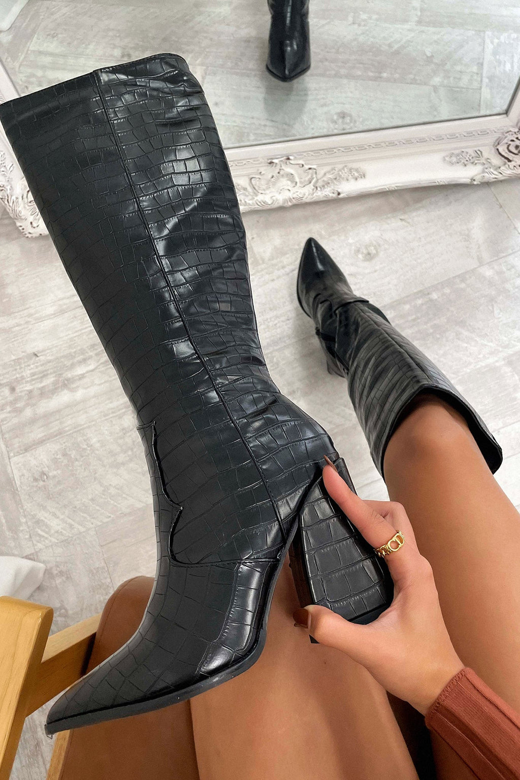 Women's Croc-Embossed Knee High Boots, Pointed Toe Block Heel Statement Boots