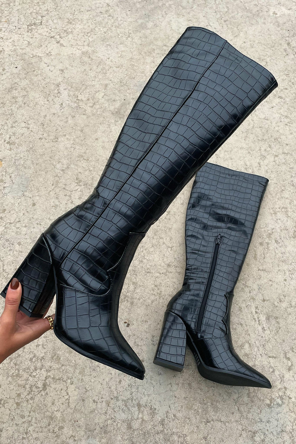 Women's Croc-Embossed Knee High Boots, Pointed Toe Block Heel Statement Boots