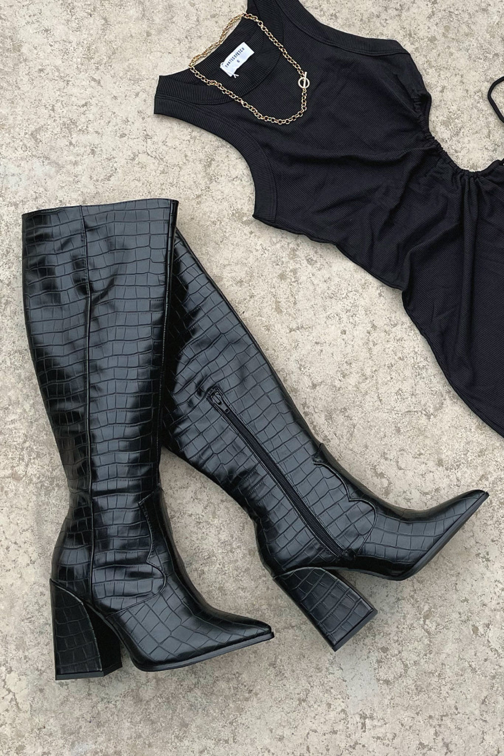Women's Croc-Embossed Knee High Boots, Pointed Toe Block Heel Statement Boots