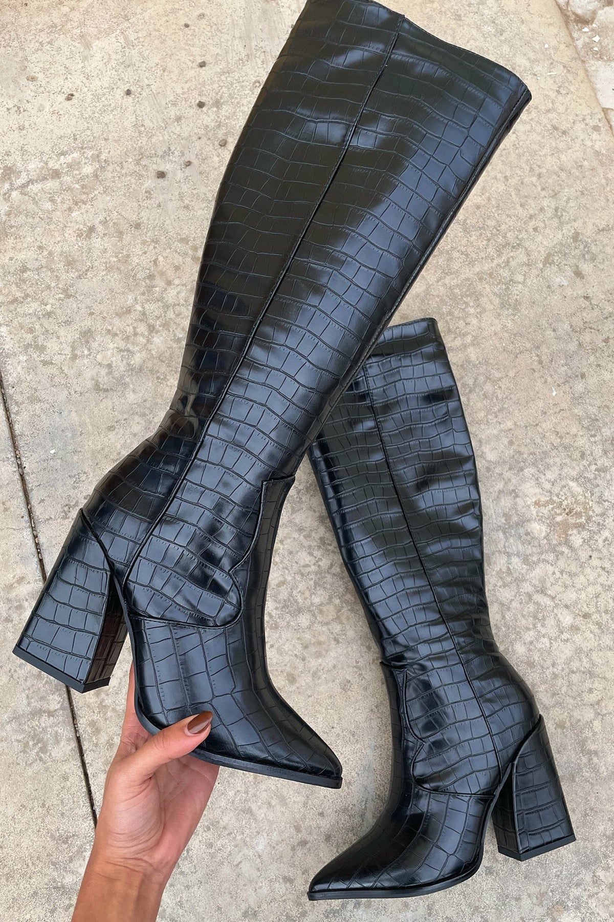 Women's Croc-Embossed Knee High Boots, Pointed Toe Block Heel Statement Boots
