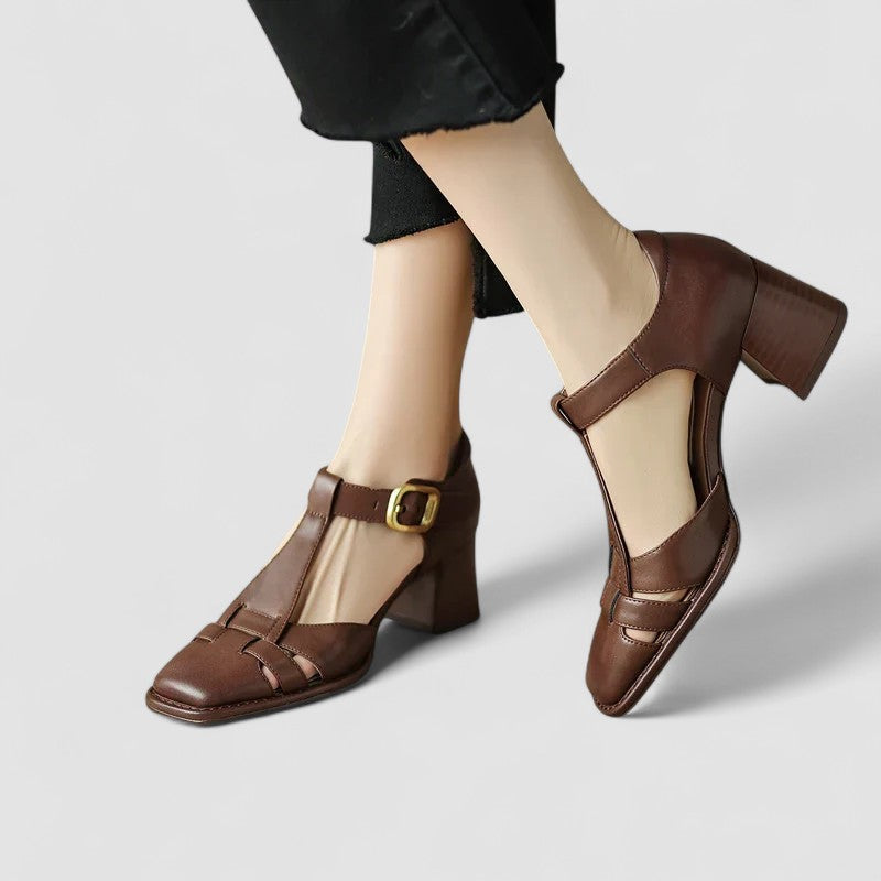 Women's Orthopedic T-Strap Shoes - Vintage Leather Square Head Block Heels