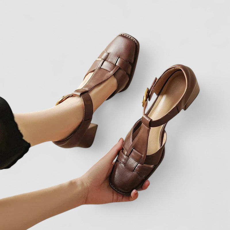 Women's Orthopedic T-Strap Shoes - Vintage Leather Square Head Block Heels
