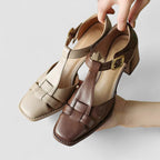 Women's Orthopedic T-Strap Shoes - Vintage Leather Square Head Block Heels