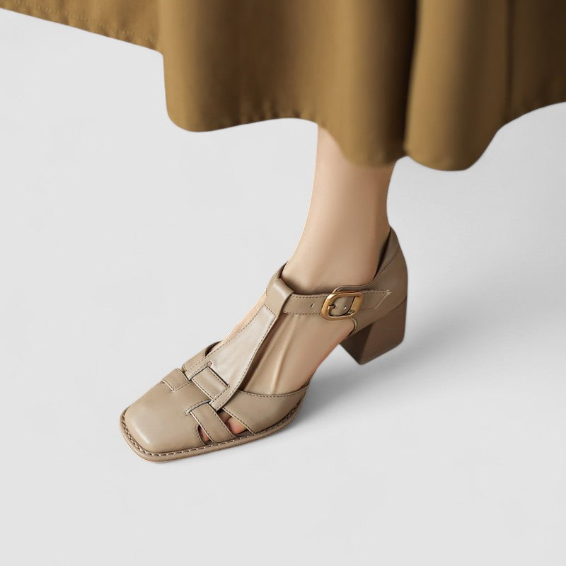 Women's Orthopedic T-Strap Shoes - Vintage Leather Square Head Block Heels