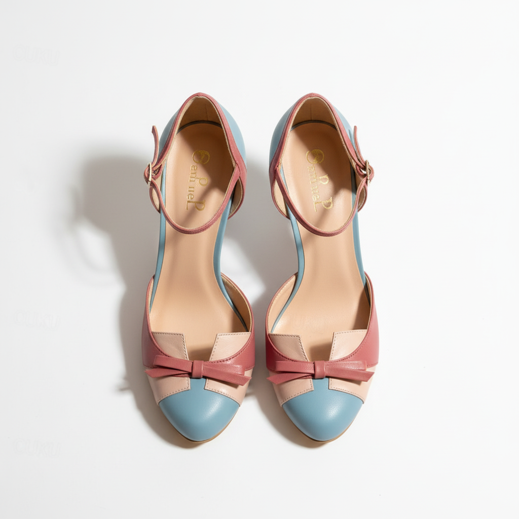Women’s Two-Tone Bow Heel Sandals – Elegant Ankle Strap Mid Heel Pumps