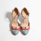 Women’s Two-Tone Bow Heel Sandals – Elegant Ankle Strap Mid Heel Pumps