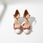 Women’s Two-Tone Bow Heel Sandals – Elegant Ankle Strap Mid Heel Pumps