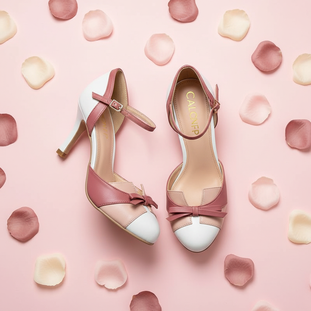 Women’s Two-Tone Bow Heel Sandals – Elegant Ankle Strap Mid Heel Pumps