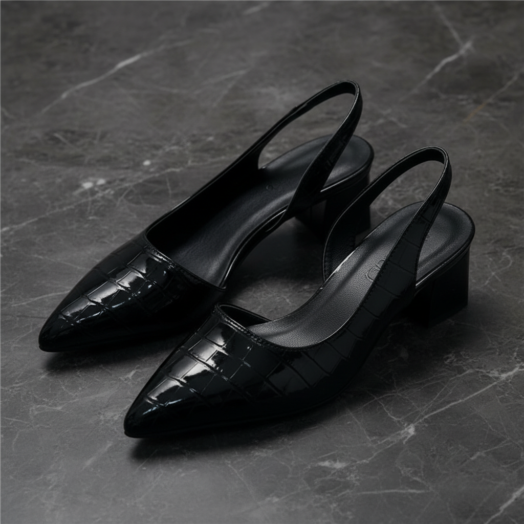 Women’s Croc-Embossed Block Heel Pumps – Pointed Toe Slingback Style