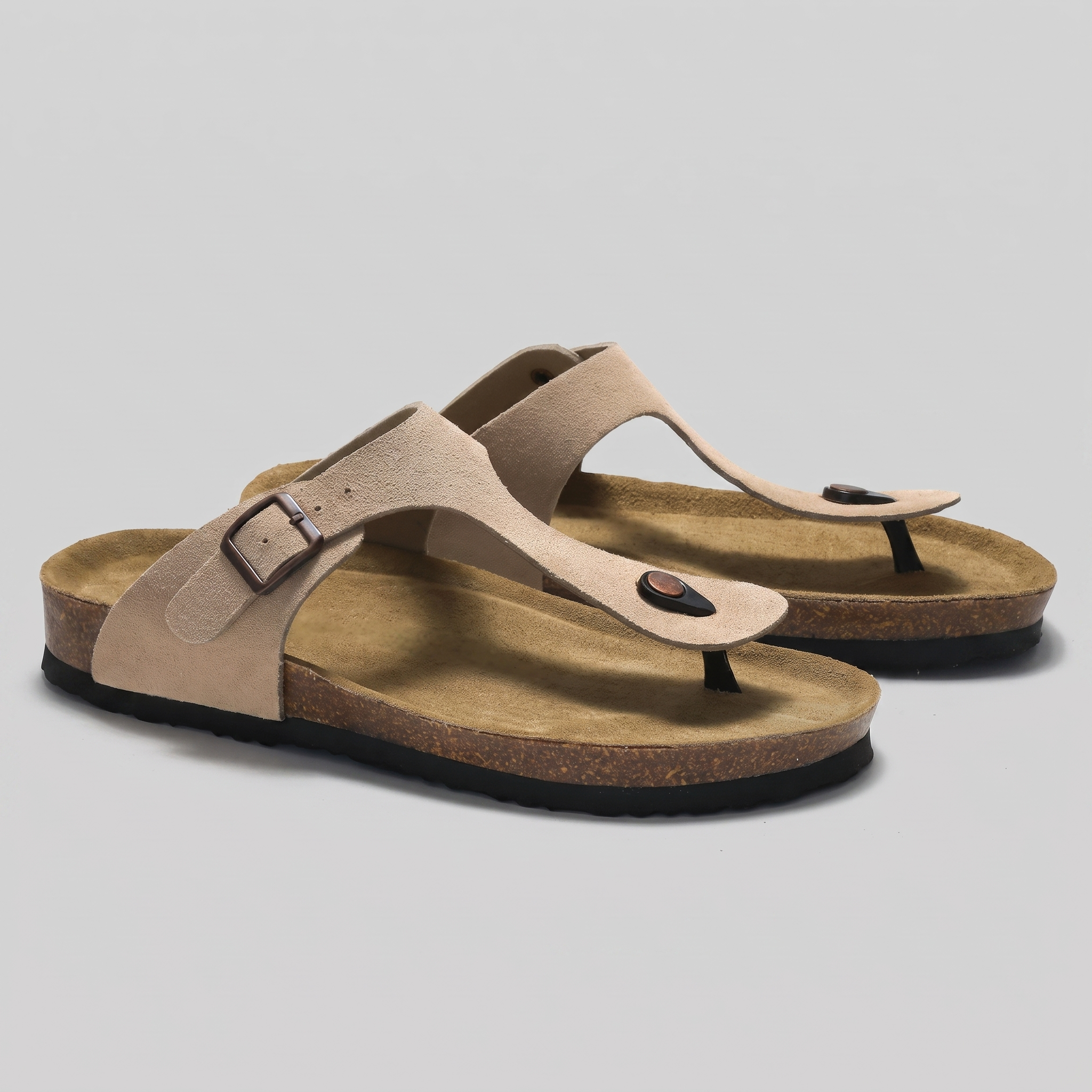 Men's Suede Sandals, Cork Footbed Toe-Post Sandals – Buckle Strap