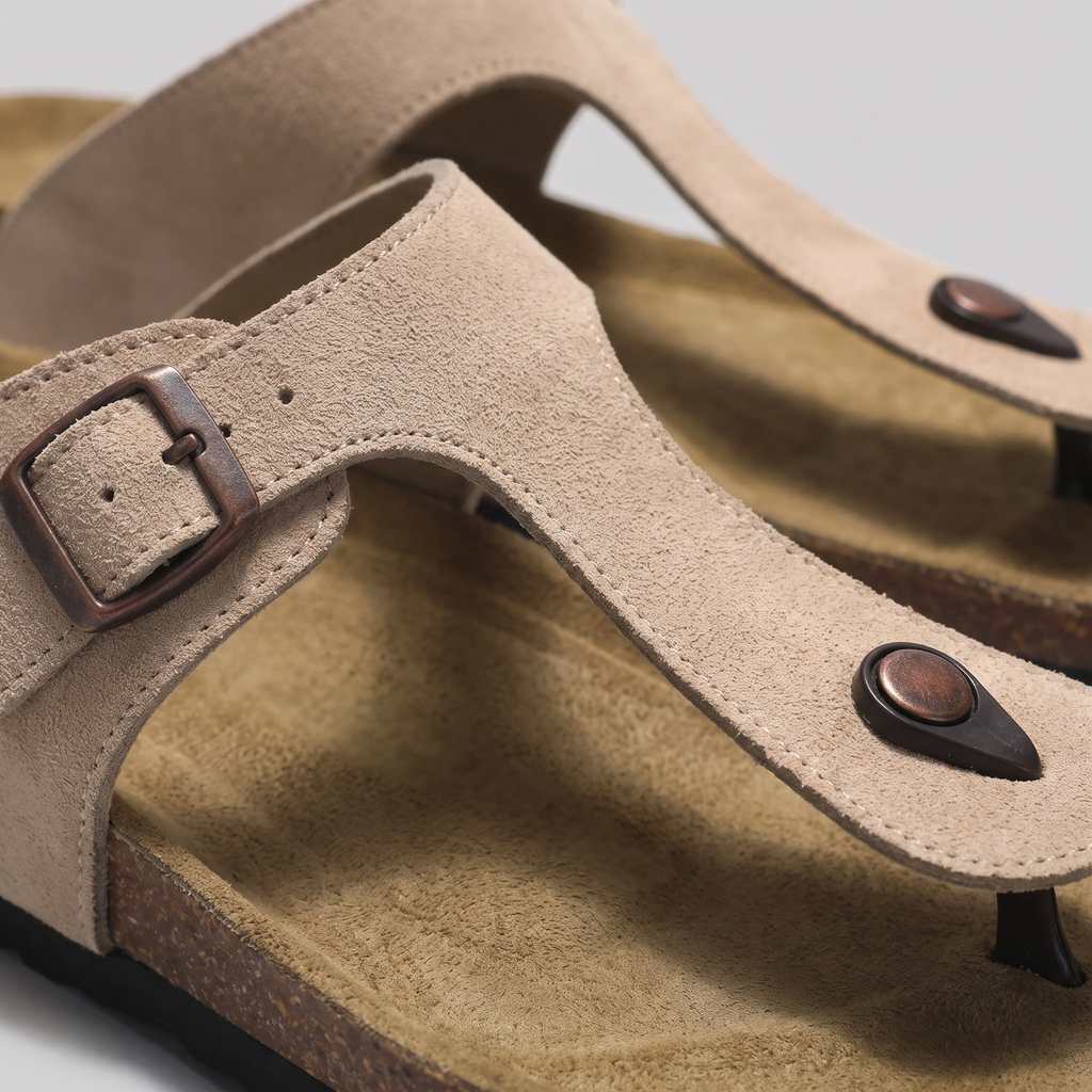 Men's Suede Sandals, Cork Footbed Toe-Post Sandals – Buckle Strap